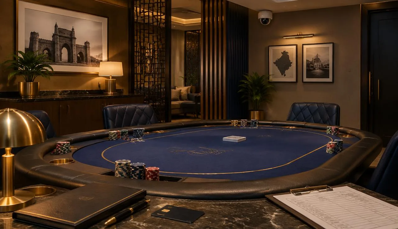 An empty members-only poker table with compliance records and CCTV