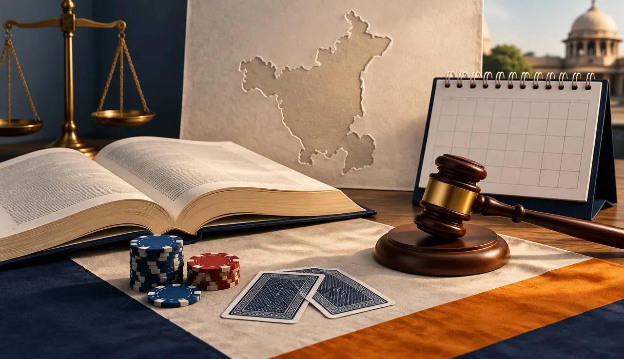 Law books, a gavel and a Haryana map representing the state’s 2026 poker rules